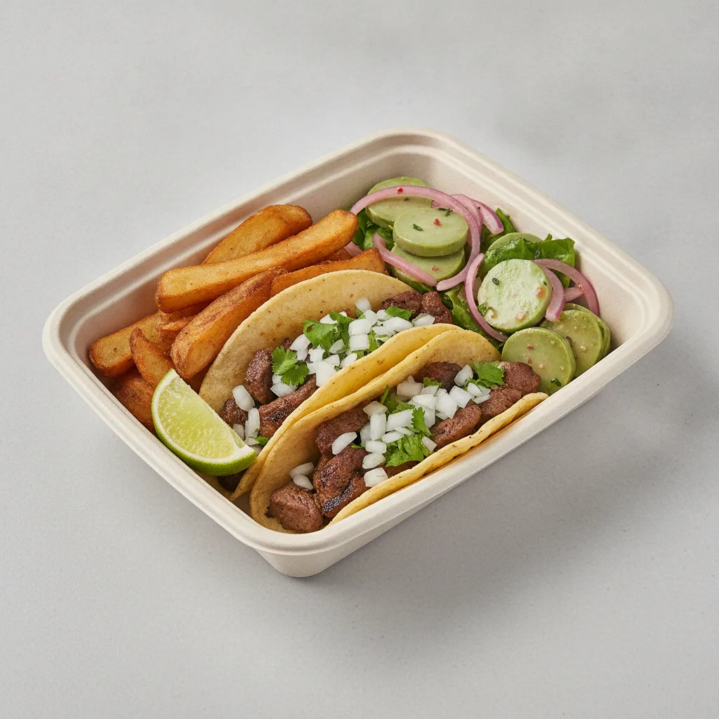 2 Tacos Boxed Lunch — Steak — Home Fries / Nopalitos Salad 2 Tacos Boxed Lunch — Steak — Home Fries / Nopalitos Salad