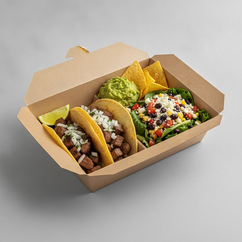 2 Tacos Boxed Lunch — Steak with Guacamole and Chips / Mexican House Salad 2 Tacos Boxed Lunch — Steak with Guacamole and Chips / Mexican House Salad