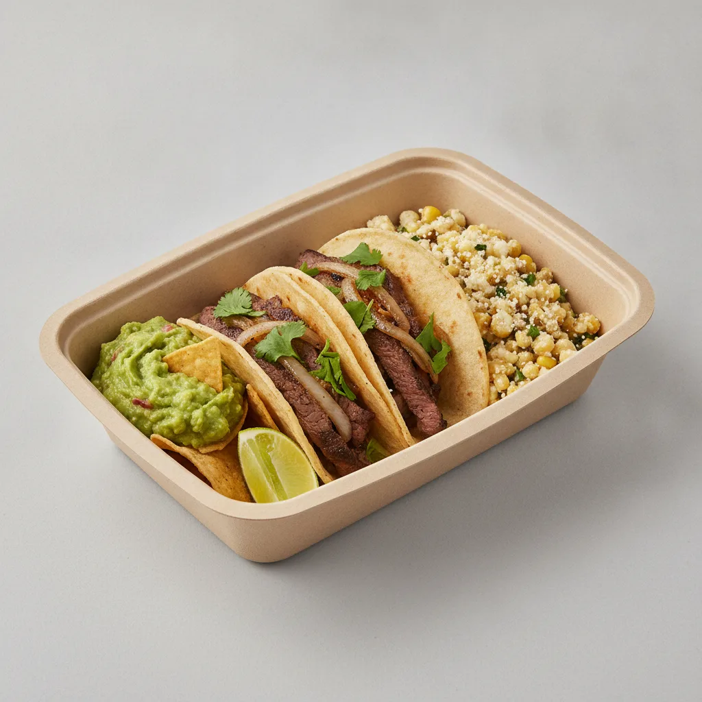2 Tacos Boxed Lunch — Steak with Guacamole and Chips / Street Corn Salad 2 Tacos Boxed Lunch — Steak with Guacamole and Chips / Street Corn Salad