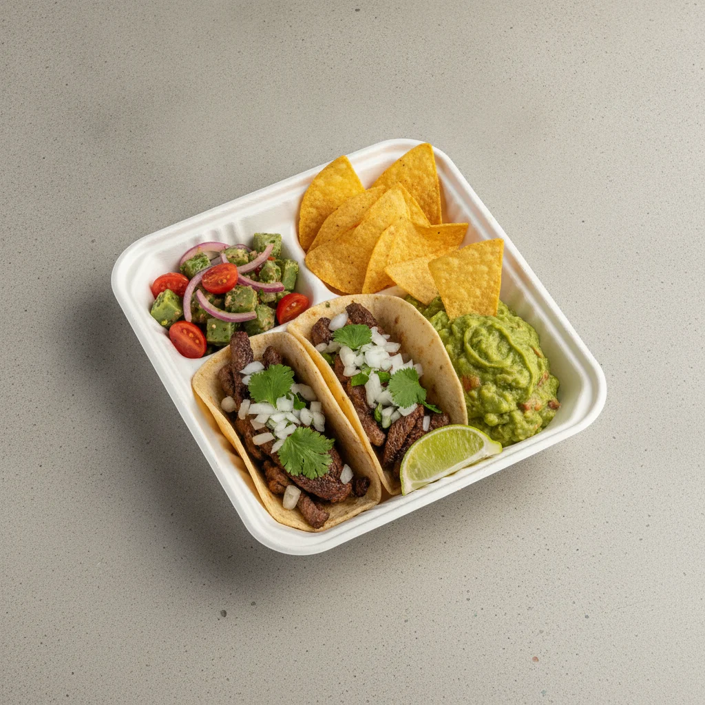 2 Tacos Boxed Lunch — Steak with Guacamole and Chips / Nopalitos Salad 2 Tacos Boxed Lunch — Steak with Guacamole and Chips / Nopalitos Salad
