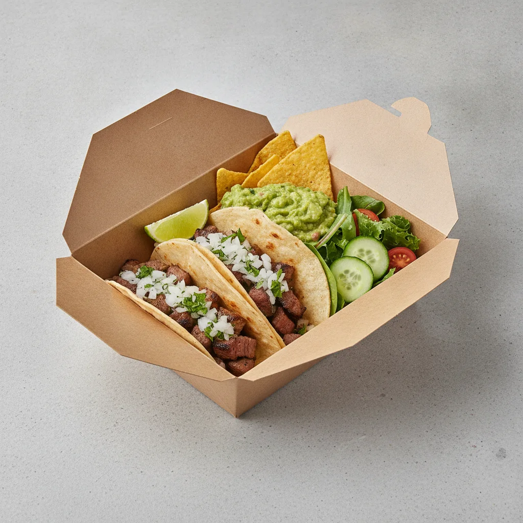 2 Tacos Boxed Lunch — Steak with Guacamole and Chips / Green Salad 2 Tacos Boxed Lunch — Steak with Guacamole and Chips / Green Salad