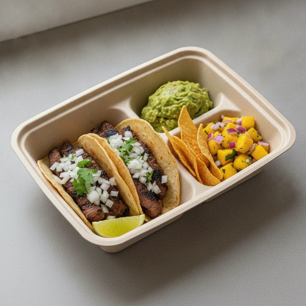 2 Tacos Boxed Lunch — Steak with Guacamole and Chips / Mango Salad 2 Tacos Boxed Lunch — Steak with Guacamole and Chips / Mango Salad
