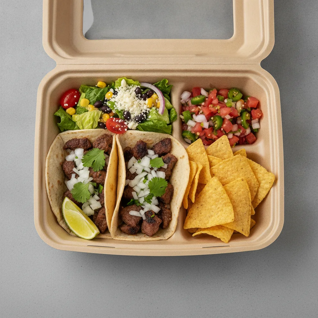 2 Tacos Boxed Lunch — Steak with Pico and Chips / Mexican House Salad 2 Tacos Boxed Lunch — Steak with Pico and Chips / Mexican House Salad