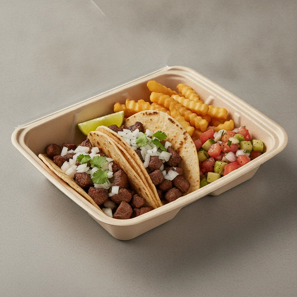 2 Tacos Boxed Lunch — Steak with French Fries / Nopalitos Salad 2 Tacos Boxed Lunch — Steak with French Fries / Nopalitos Salad