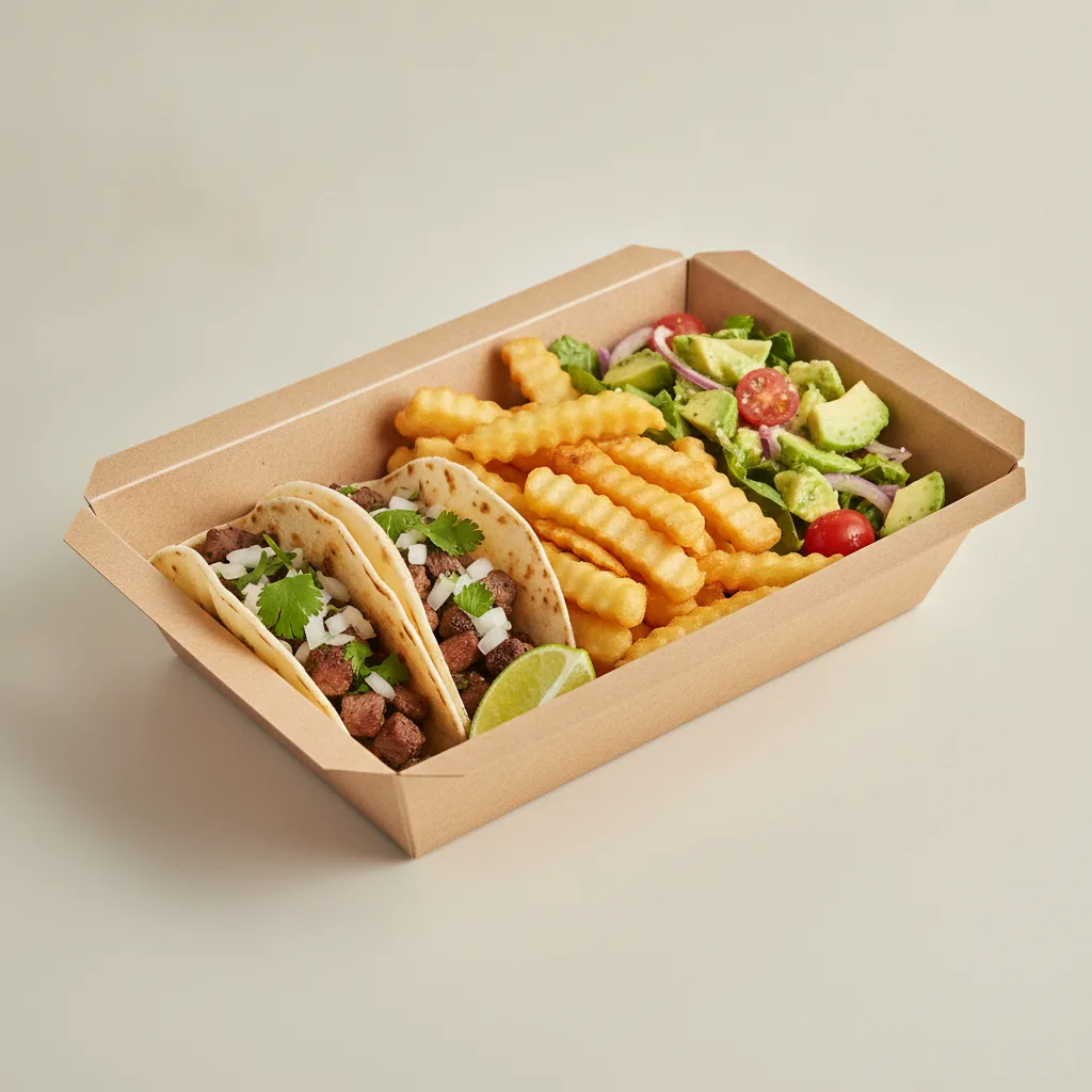 2 Tacos Boxed Lunch — Steak with French Fries / Avocado Salad 2 Tacos Boxed Lunch — Steak with French Fries / Avocado Salad