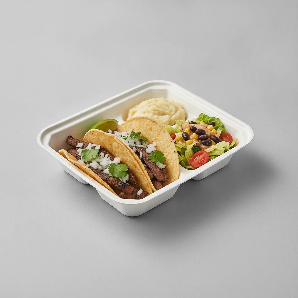 2 Tacos Boxed Lunch — Steak with Mashed Potato / Mexican House Salad 2 Tacos Boxed Lunch — Steak with Mashed Potato / Mexican House Salad