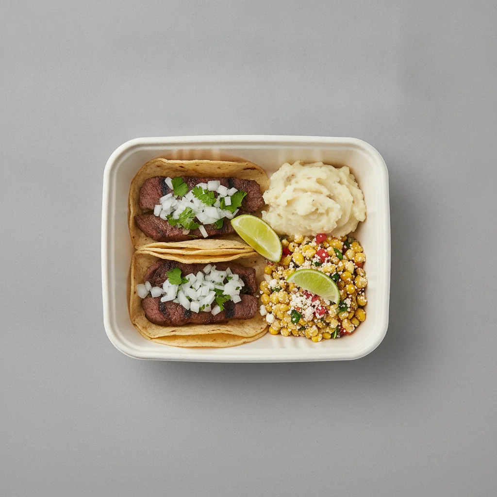 2 Tacos Boxed Lunch — Steak with Mashed Potato / Street Corn Salad 2 Tacos Boxed Lunch — Steak with Mashed Potato / Street Corn Salad