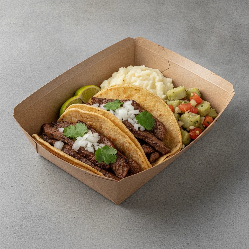2 Tacos Boxed Lunch — Steak with Mashed Potato / Nopalitos Salad 2 Tacos Boxed Lunch — Steak with Mashed Potato / Nopalitos Salad