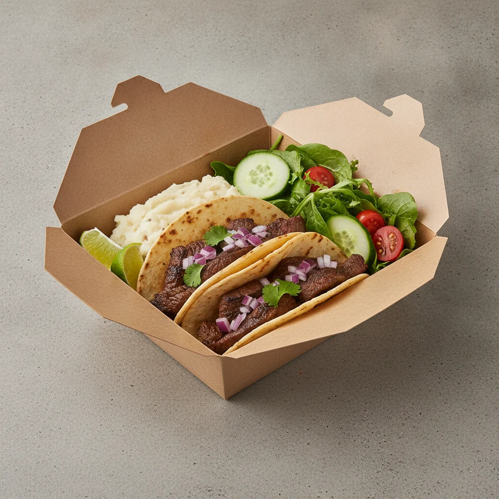 2 Tacos Boxed Lunch — Steak with Mashed Potato / Green Salad 2 Tacos Boxed Lunch — Steak with Mashed Potato / Green Salad