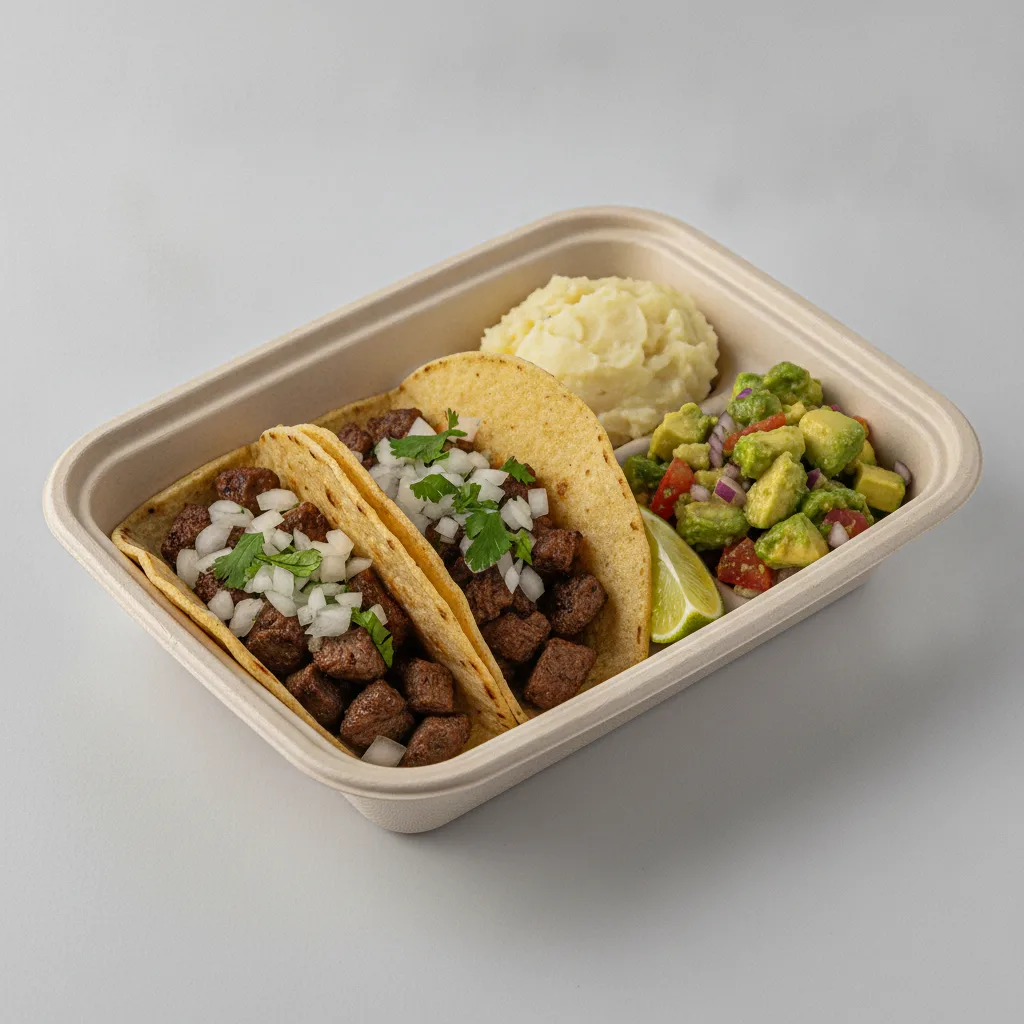 2 Tacos Boxed Lunch — Steak with Mashed Potato / Avocado Salad 2 Tacos Boxed Lunch — Steak with Mashed Potato / Avocado Salad