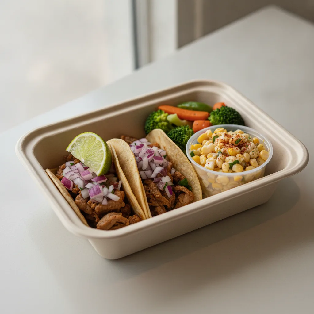 2 Tacos Boxed Lunch — Al Pastor with Steamed Mix Veggies / Street Corn Salad 2 Tacos Boxed Lunch — Al Pastor with Steamed Mix Veggies / Street Corn Salad