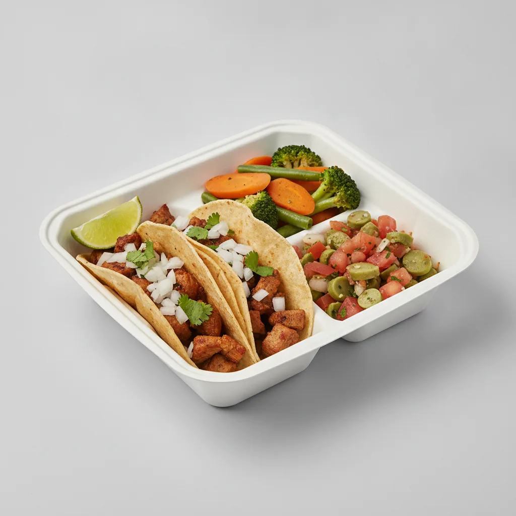 2 Tacos Boxed Lunch — Al Pastor with Steamed Mix Veggies / Nopalitos Salad 2 Tacos Boxed Lunch — Al Pastor with Steamed Mix Veggies / Nopalitos Salad