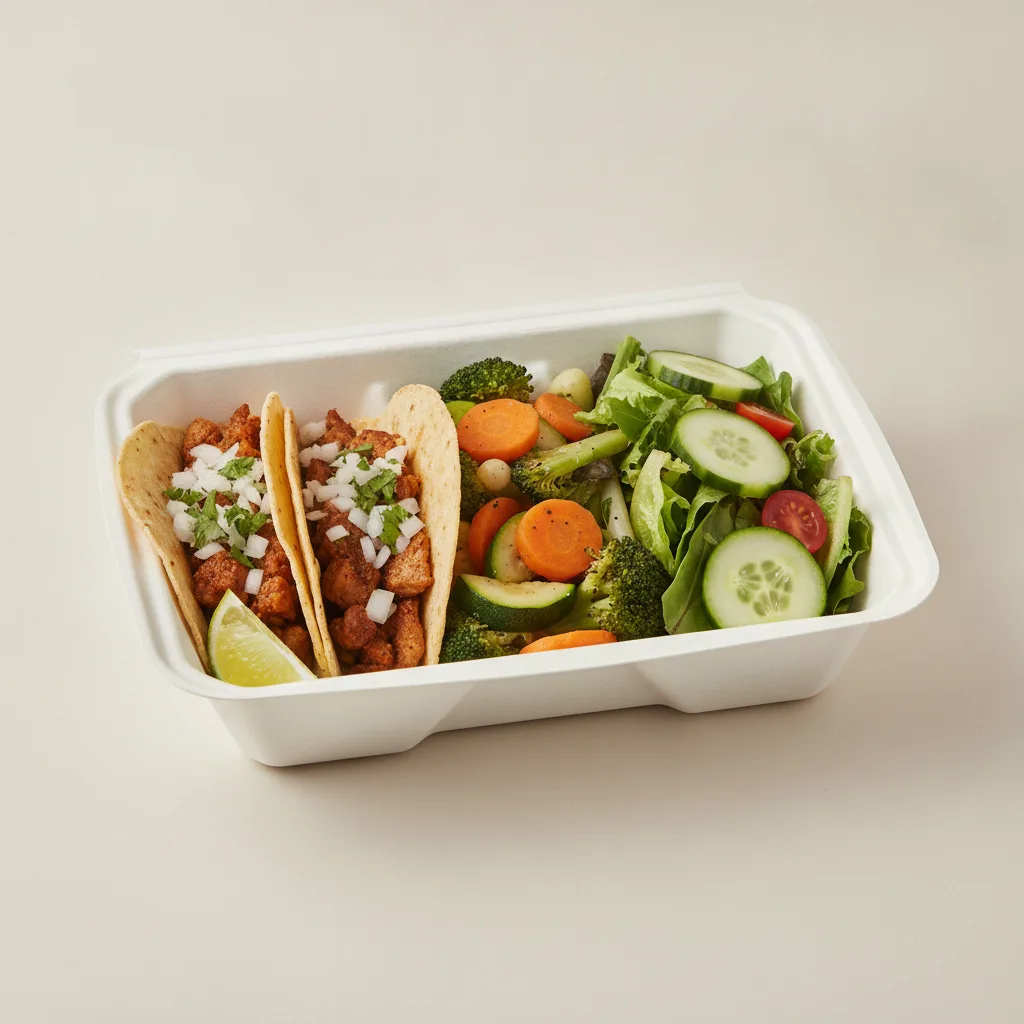 2 Tacos Boxed Lunch — Al Pastor with Steamed Mix Veggies / Green Salad 2 Tacos Boxed Lunch — Al Pastor with Steamed Mix Veggies / Green Salad