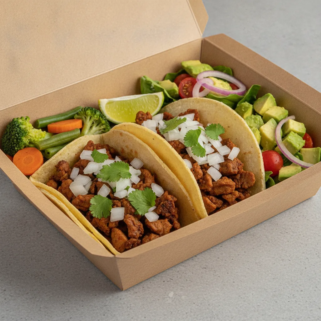 2 Tacos Boxed Lunch — Al Pastor with Steamed Mix Veggies / Avocado Salad 2 Tacos Boxed Lunch — Al Pastor with Steamed Mix Veggies / Avocado Salad