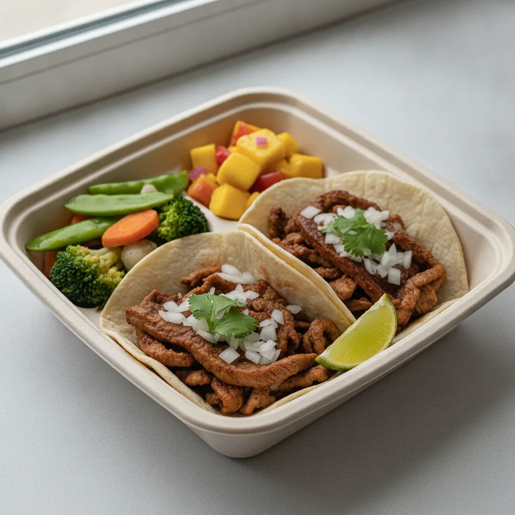 2 Tacos Boxed Lunch — Al Pastor with Steamed Mix Veggies / Mango Salad 2 Tacos Boxed Lunch — Al Pastor with Steamed Mix Veggies / Mango Salad
