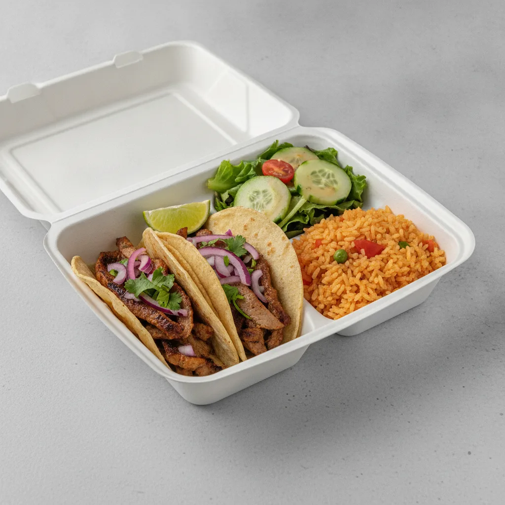 2 Tacos Boxed Lunch — Al Pastor with Mexican Rice / Mexican House Salad 2 Tacos Boxed Lunch — Al Pastor with Mexican Rice / Mexican House Salad