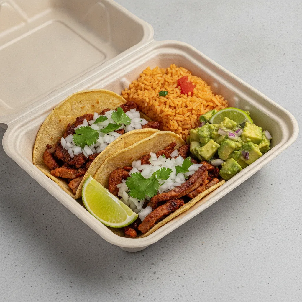 2 Tacos Boxed Lunch — Al Pastor with Mexican Rice / Avocado Salad 2 Tacos Boxed Lunch — Al Pastor with Mexican Rice / Avocado Salad