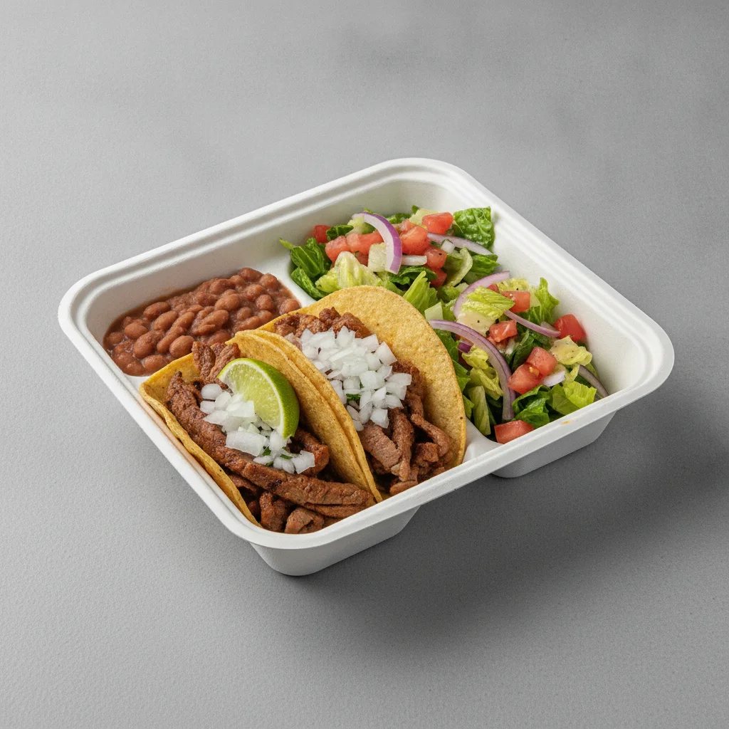 2 Tacos Boxed Lunch — Al Pastor with Pinto Beans / Mexican House Salad 2 Tacos Boxed Lunch — Al Pastor with Pinto Beans / Mexican House Salad