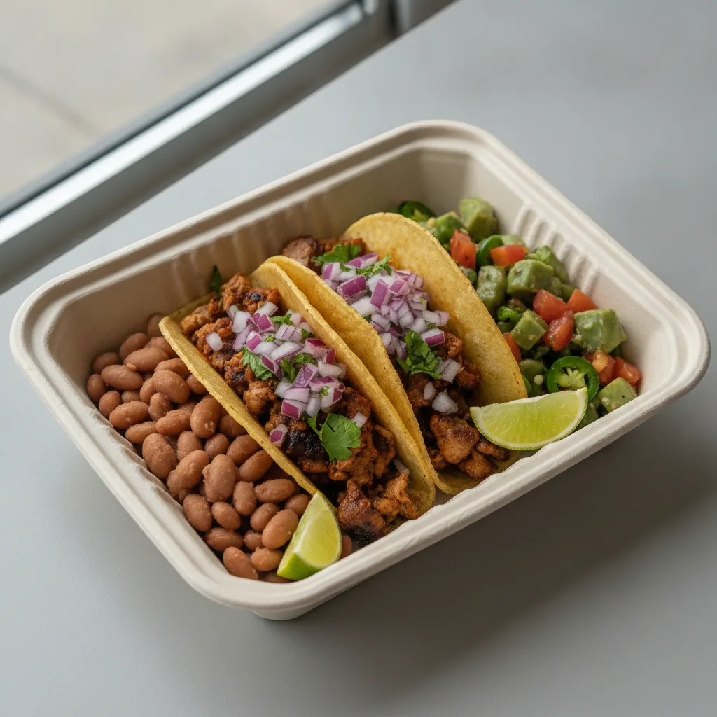 2 Tacos Boxed Lunch — Al Pastor with Pinto Beans / Nopalitos Salad 2 Tacos Boxed Lunch — Al Pastor with Pinto Beans / Nopalitos Salad