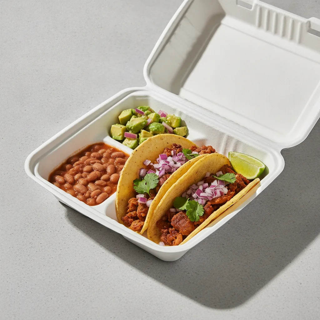 2 Tacos Boxed Lunch — Al Pastor with Pinto Beans / Avocado Salad 2 Tacos Boxed Lunch — Al Pastor with Pinto Beans / Avocado Salad