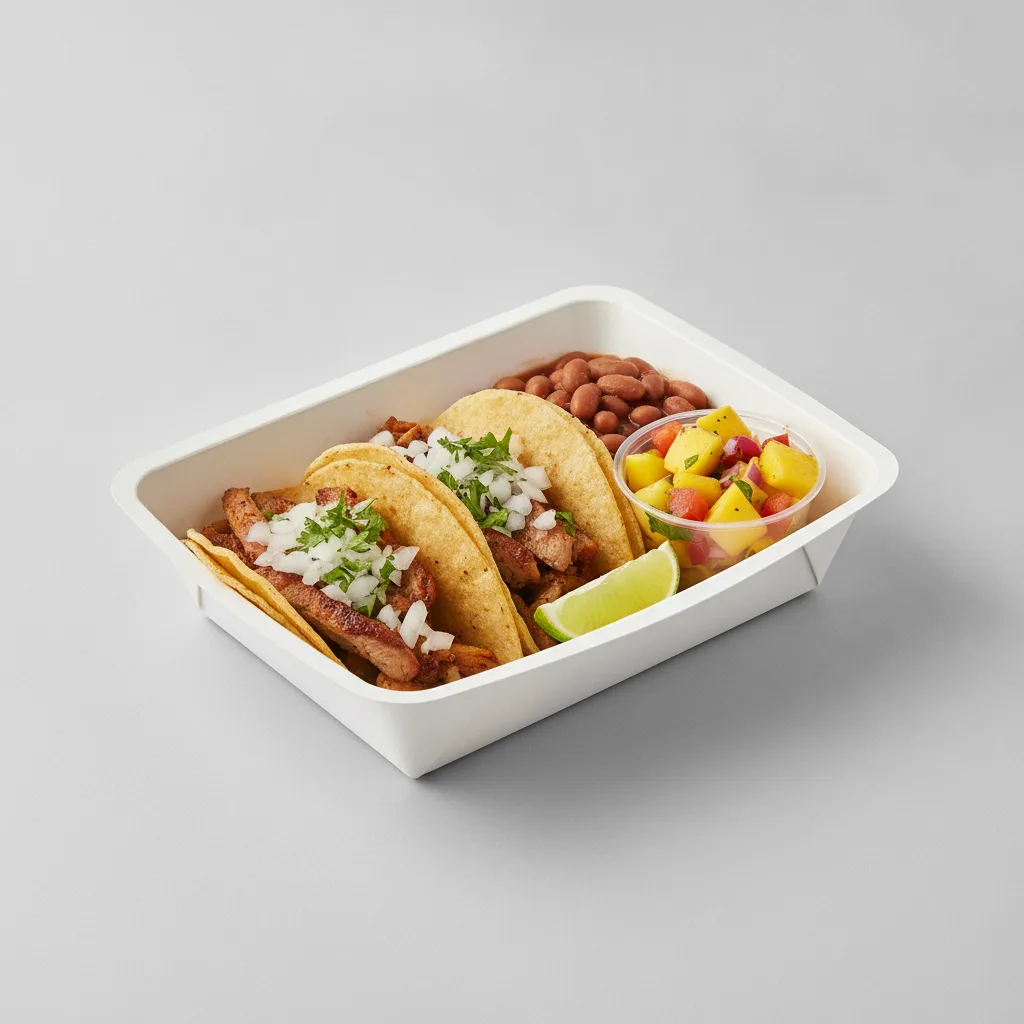 2 Tacos Boxed Lunch — Al Pastor with Pinto Beans / Mango Salad 2 Tacos Boxed Lunch — Al Pastor with Pinto Beans / Mango Salad