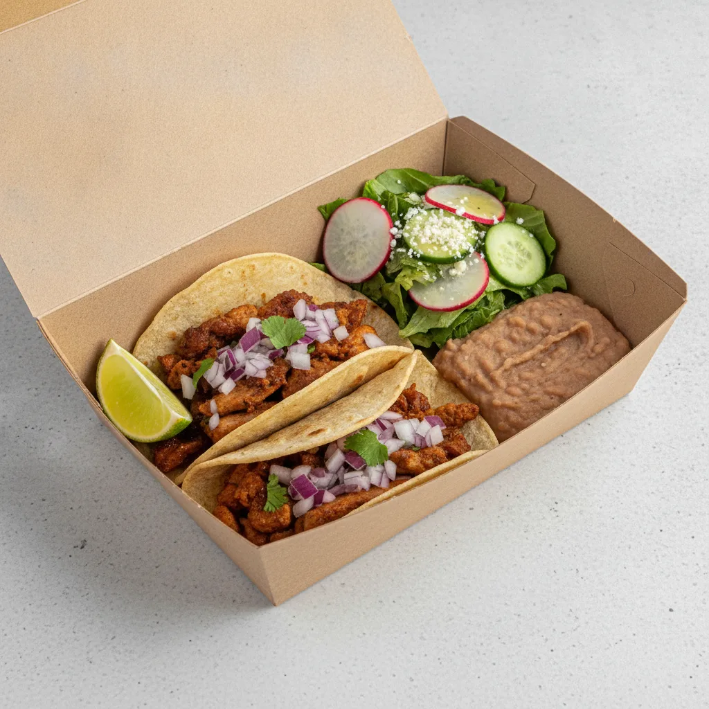 2 Tacos Boxed Lunch — Al Pastor with Refried Pinto Beans / Mexican House Salad 2 Tacos Boxed Lunch — Al Pastor with Refried Pinto Beans / Mexican House Salad