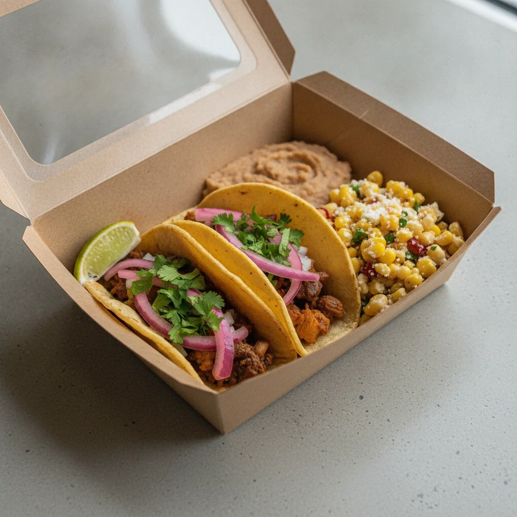 2 Tacos Boxed Lunch — Al Pastor with Refried Pinto Beans / Street Corn Salad 2 Tacos Boxed Lunch — Al Pastor with Refried Pinto Beans / Street Corn Salad
