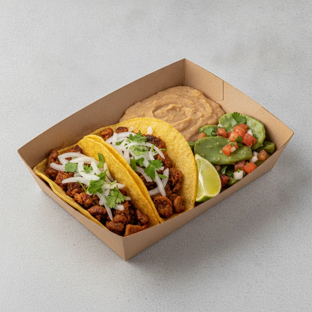 2 Tacos Boxed Lunch — Al Pastor with Refried Pinto Beans / Nopalitos Salad 2 Tacos Boxed Lunch — Al Pastor with Refried Pinto Beans / Nopalitos Salad