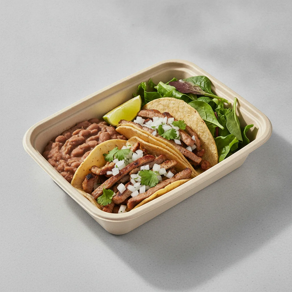 2 Tacos Boxed Lunch — Al Pastor with Refried Pinto Beans / Green Salad 2 Tacos Boxed Lunch — Al Pastor with Refried Pinto Beans / Green Salad