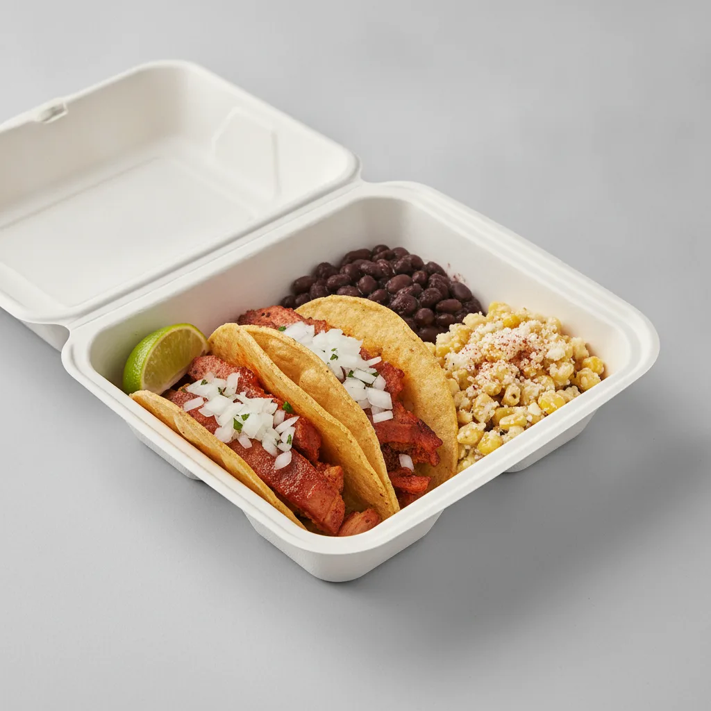 2 Tacos Boxed Lunch — Al Pastor with Black Beans / Street Corn Salad 2 Tacos Boxed Lunch — Al Pastor with Black Beans / Street Corn Salad