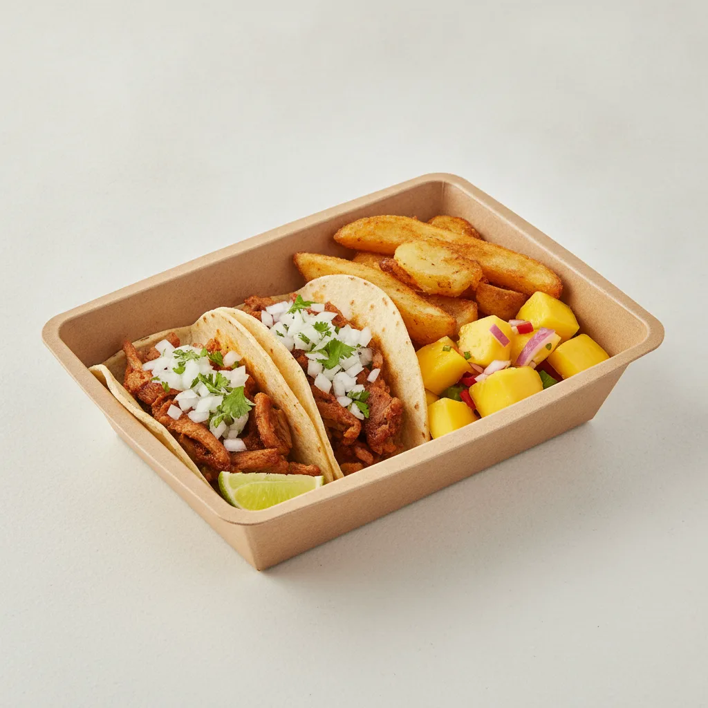 2 Tacos Boxed Lunch — Al Pastor — Home Fries / Mango Salad 2 Tacos Boxed Lunch — Al Pastor — Home Fries / Mango Salad