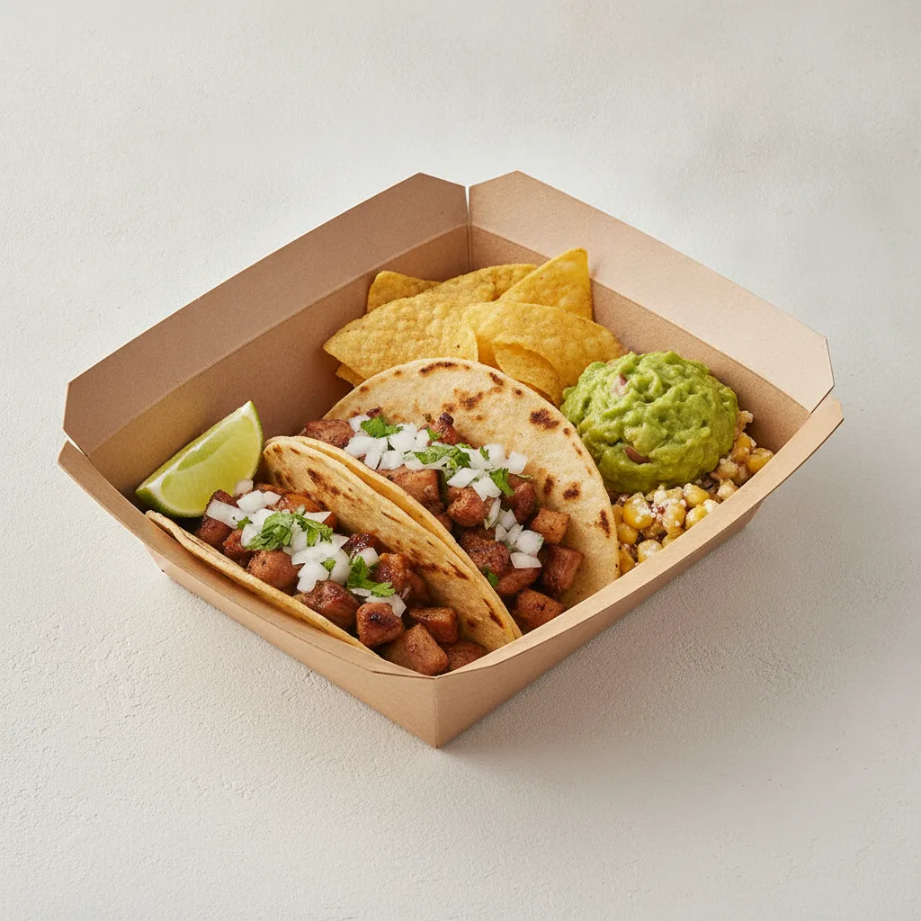 2 Tacos Boxed Lunch — Al Pastor with Guacamole and Chips / Street Corn Salad 2 Tacos Boxed Lunch — Al Pastor with Guacamole and Chips / Street Corn Salad