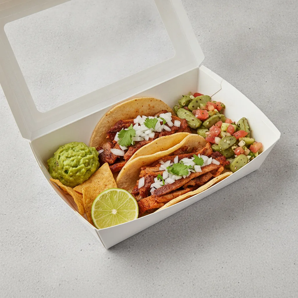2 Tacos Boxed Lunch — Al Pastor with Guacamole and Chips / Nopalitos Salad 2 Tacos Boxed Lunch — Al Pastor with Guacamole and Chips / Nopalitos Salad