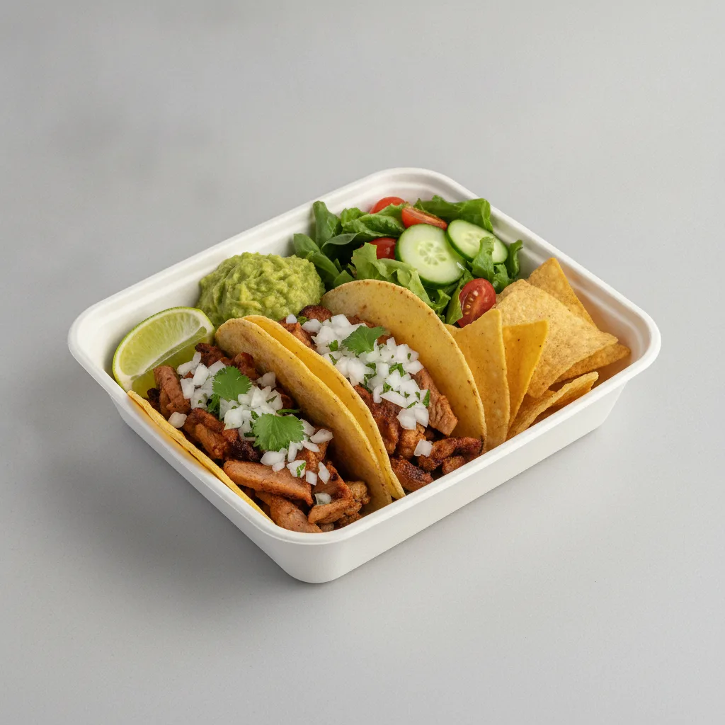 2 Tacos Boxed Lunch — Al Pastor with Guacamole and Chips / Green Salad 2 Tacos Boxed Lunch — Al Pastor with Guacamole and Chips / Green Salad