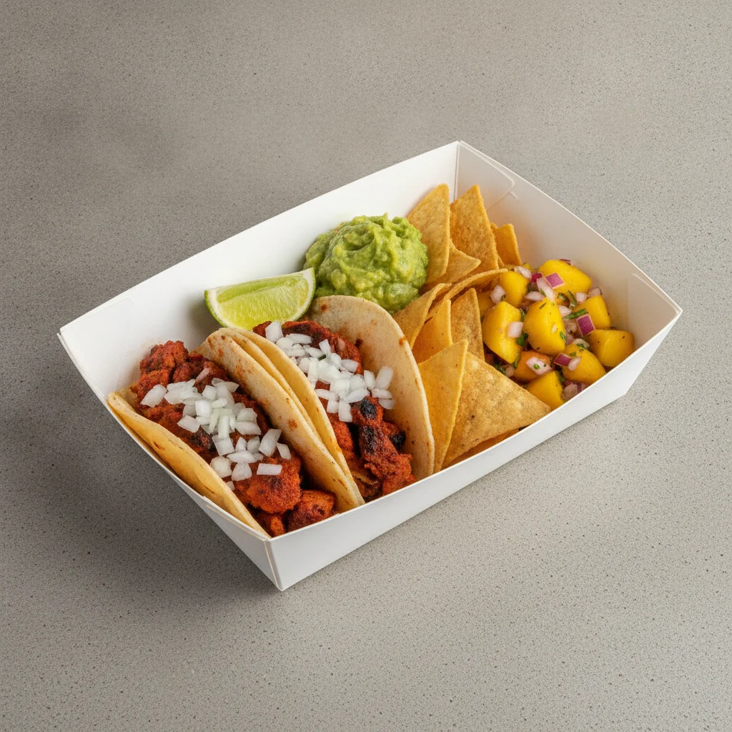 2 Tacos Boxed Lunch — Al Pastor with Guacamole and Chips / Mango Salad 2 Tacos Boxed Lunch — Al Pastor with Guacamole and Chips / Mango Salad