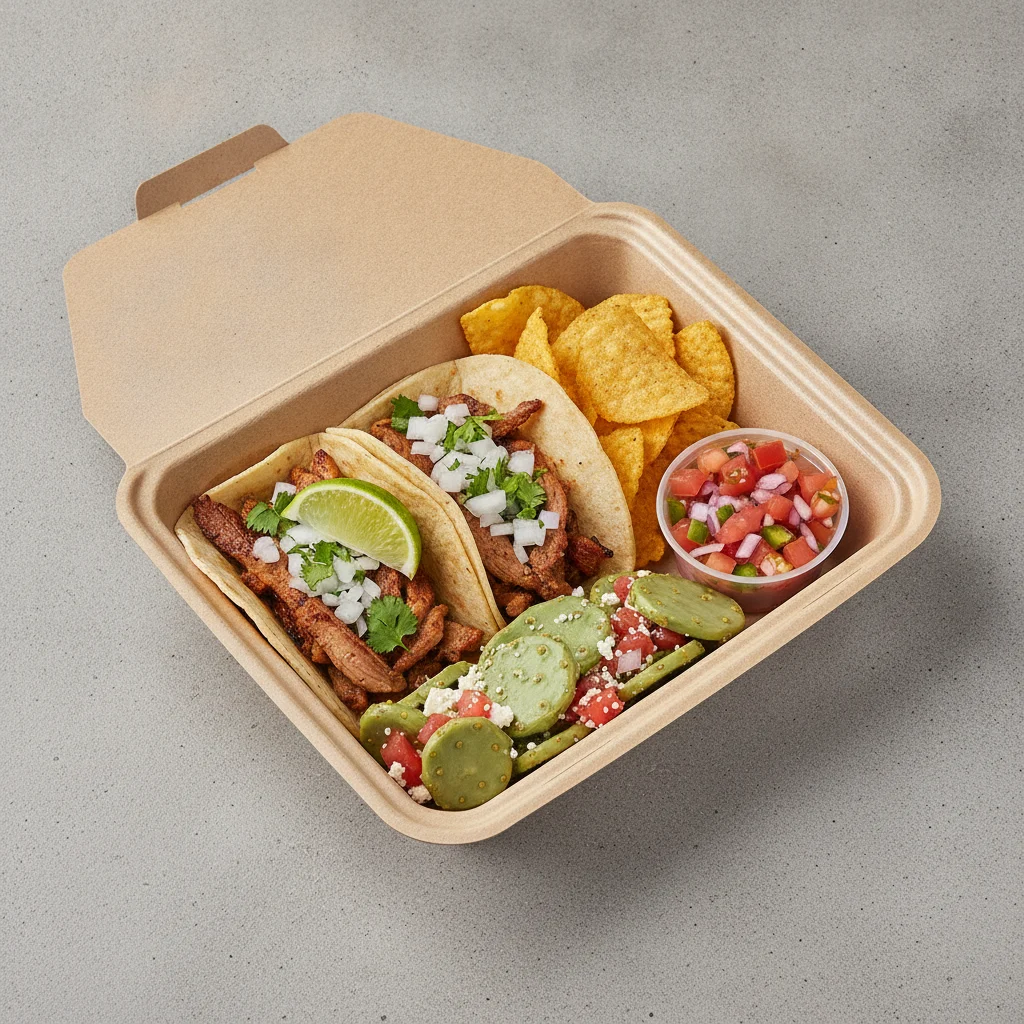 2 Tacos Boxed Lunch — Al Pastor with Pico and Chips / Nopalitos Salad 2 Tacos Boxed Lunch — Al Pastor with Pico and Chips / Nopalitos Salad