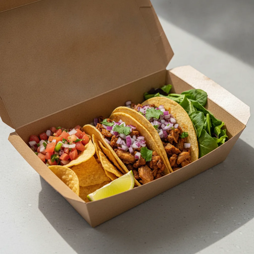 2 Tacos Boxed Lunch — Al Pastor with Pico and Chips / Green Salad 2 Tacos Boxed Lunch — Al Pastor with Pico and Chips / Green Salad