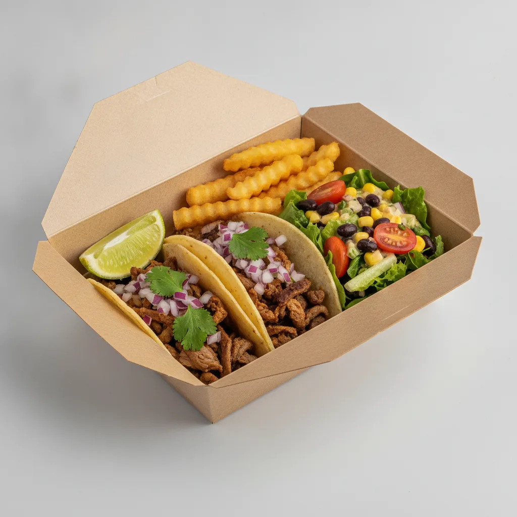 2 Tacos Boxed Lunch — Al Pastor with French Fries / Mexican House Salad 2 Tacos Boxed Lunch — Al Pastor with French Fries / Mexican House Salad