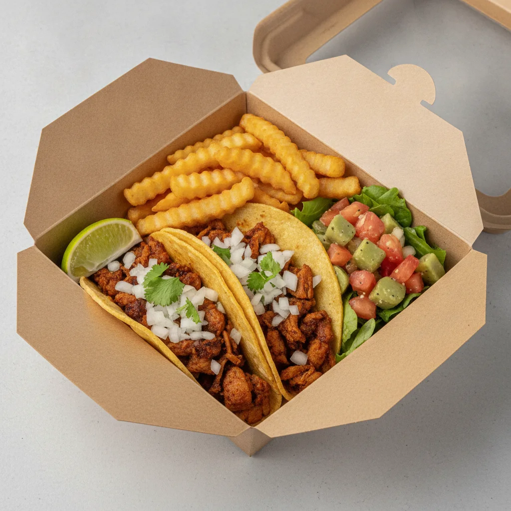 2 Tacos Boxed Lunch — Al Pastor with French Fries / Nopalitos Salad 2 Tacos Boxed Lunch — Al Pastor with French Fries / Nopalitos Salad