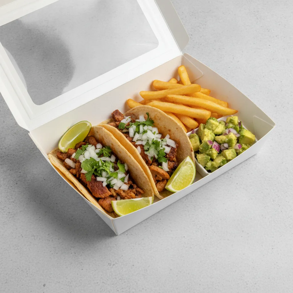 2 Tacos Boxed Lunch — Al Pastor with French Fries / Avocado Salad 2 Tacos Boxed Lunch — Al Pastor with French Fries / Avocado Salad