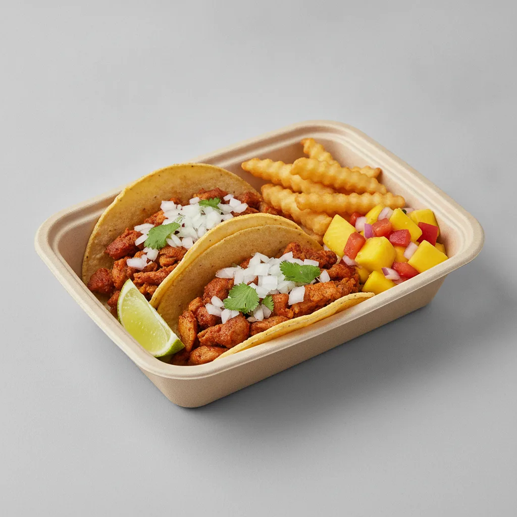 2 Tacos Boxed Lunch — Al Pastor with French Fries / Mango Salad 2 Tacos Boxed Lunch — Al Pastor with French Fries / Mango Salad