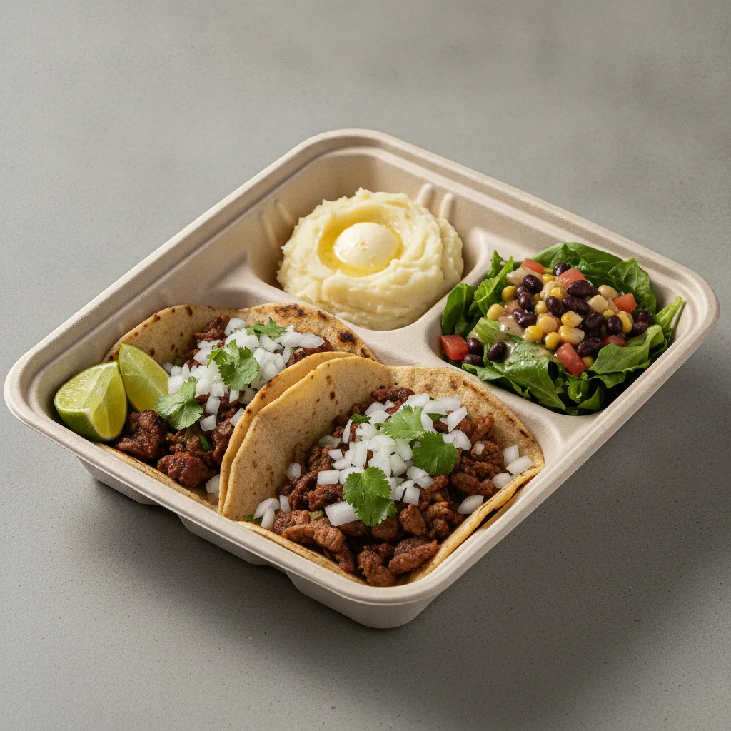2 Tacos Boxed Lunch — Al Pastor with Mashed Potato / Mexican House Salad 2 Tacos Boxed Lunch — Al Pastor with Mashed Potato / Mexican House Salad