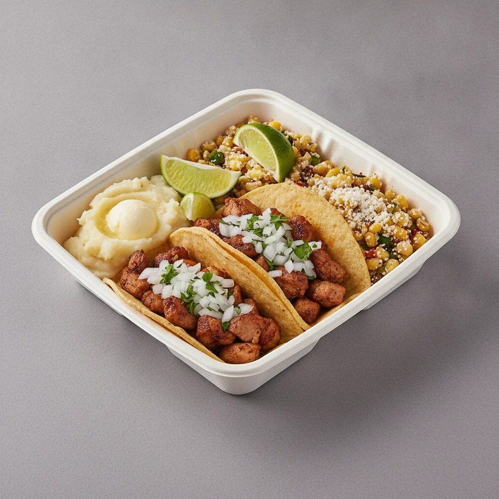 2 Tacos Boxed Lunch — Al Pastor with Mashed Potato / Street Corn Salad 2 Tacos Boxed Lunch — Al Pastor with Mashed Potato / Street Corn Salad
