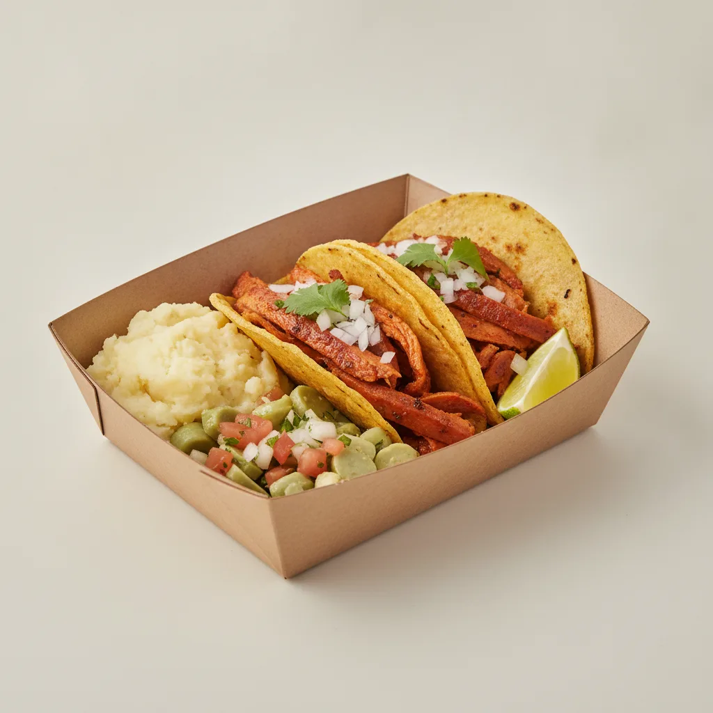 2 Tacos Boxed Lunch — Al Pastor with Mashed Potato / Nopalitos Salad 2 Tacos Boxed Lunch — Al Pastor with Mashed Potato / Nopalitos Salad