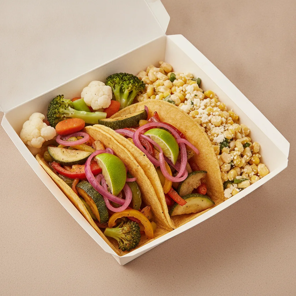 2 Tacos Boxed Lunch — Mix Veggies with Steamed Mix Veggies / Street Corn Salad 2 Tacos Boxed Lunch — Mix Veggies with Steamed Mix Veggies / Street Corn Salad