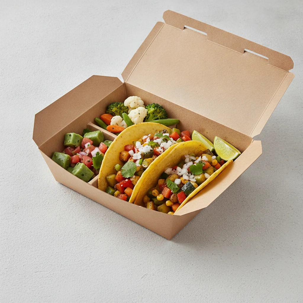2 Tacos Boxed Lunch — Mix Veggies with Steamed Mix Veggies / Nopalitos Salad 2 Tacos Boxed Lunch — Mix Veggies with Steamed Mix Veggies / Nopalitos Salad