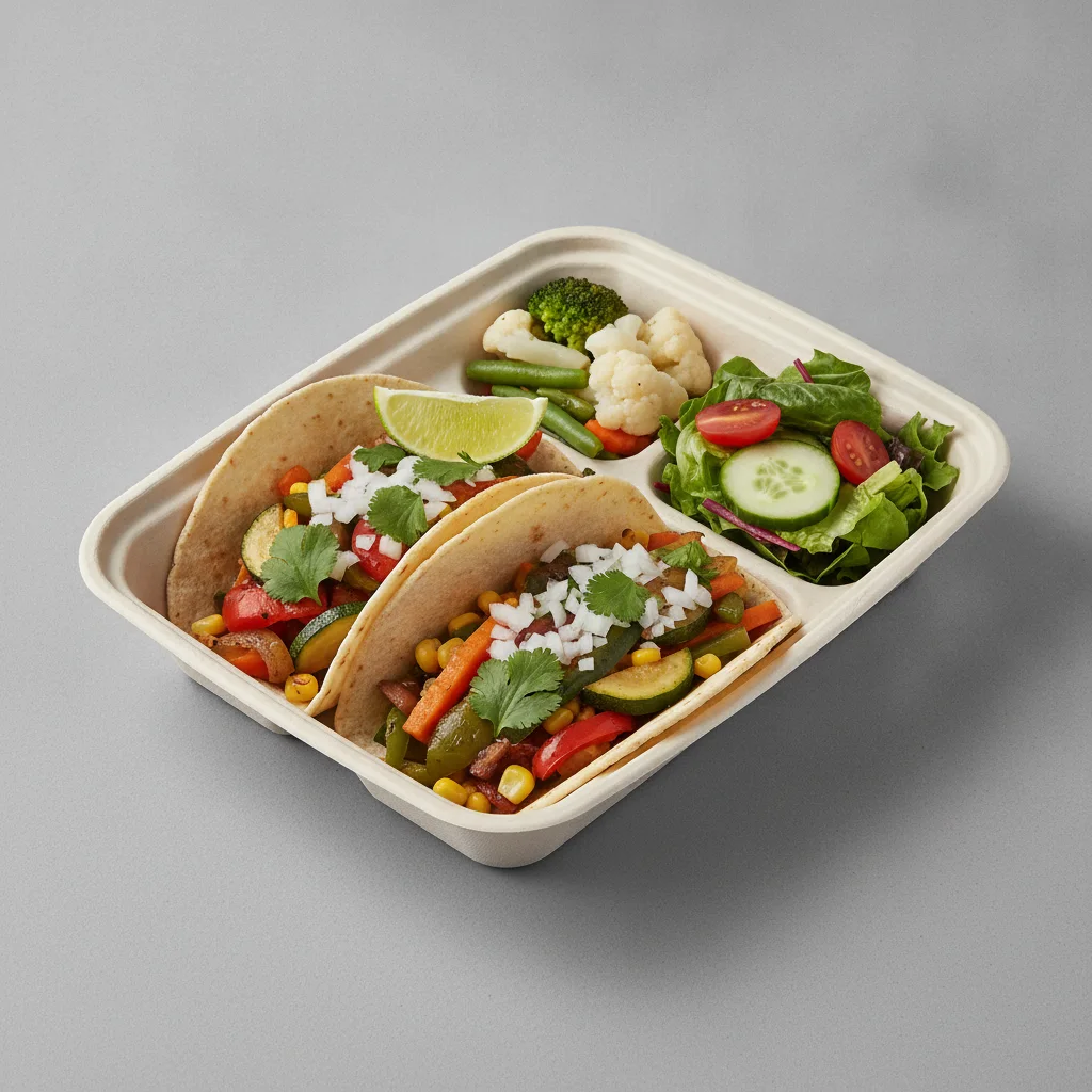 2 Tacos Boxed Lunch — Mix Veggies with Steamed Mix Veggies / Green Salad 2 Tacos Boxed Lunch — Mix Veggies with Steamed Mix Veggies / Green Salad