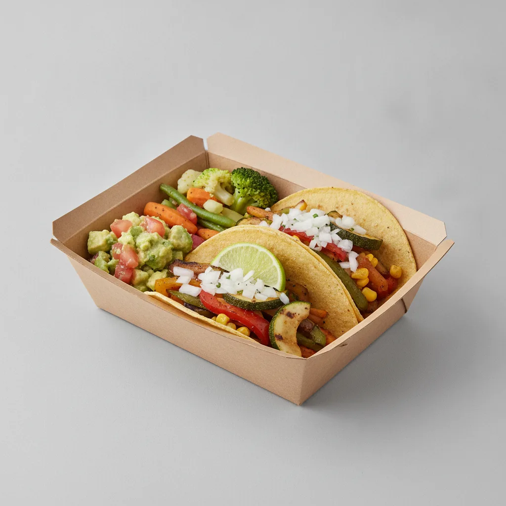2 Tacos Boxed Lunch — Mix Veggies with Steamed Mix Veggies / Avocado Salad 2 Tacos Boxed Lunch — Mix Veggies with Steamed Mix Veggies / Avocado Salad