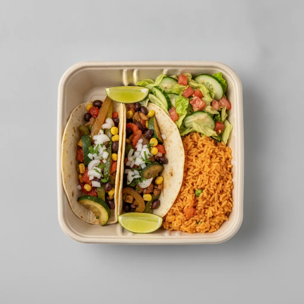 2 Tacos Boxed Lunch — Mix Veggies with Mexican Rice / Mexican House Salad 2 Tacos Boxed Lunch — Mix Veggies with Mexican Rice / Mexican House Salad