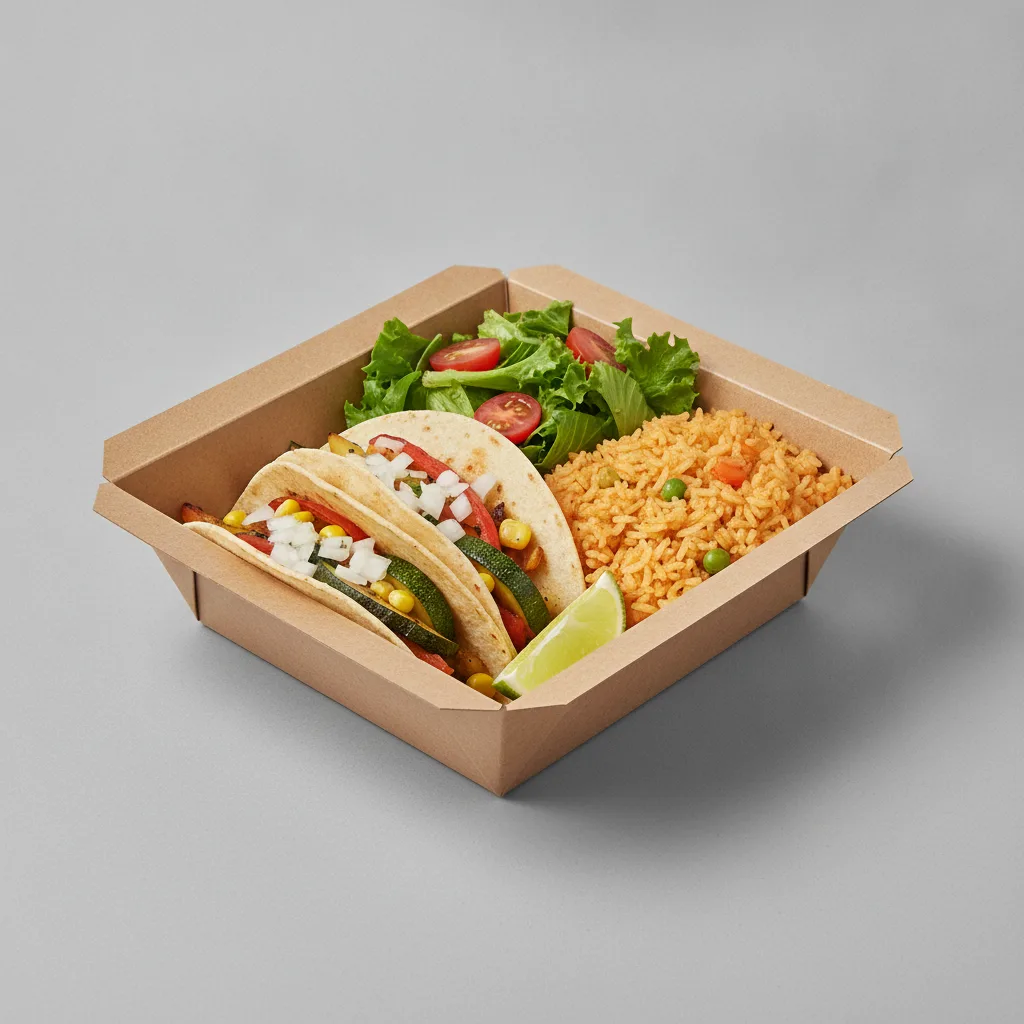 2 Tacos Boxed Lunch — Mix Veggies with Mexican Rice / Green Salad 2 Tacos Boxed Lunch — Mix Veggies with Mexican Rice / Green Salad